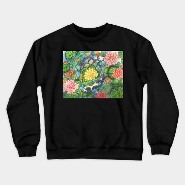 Koi Fishes in the pond of lilies and pebbles around the flower of life, a Japanese inspired watercolor painting with yin-yang concept Crewneck Sweatshirt by Sangeetacs